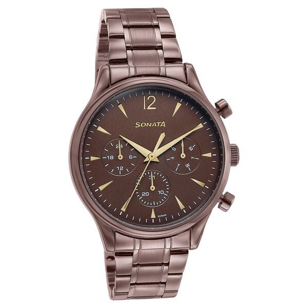 Sonata 77146QM01 Quartz Multifunction Brown Dial Stainless Steel Watch for Men