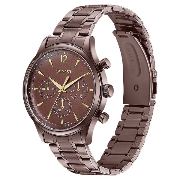 Sonata 77146QM01 Quartz Multifunction Brown Dial Stainless Steel Watch for Men
