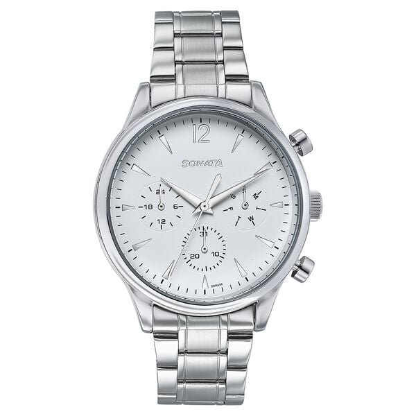 Sonata 77146SM01 Wedding Edit Quartz Analog Multifunction Men Watch with Silver Dial and Silver Stainless Steel Strap