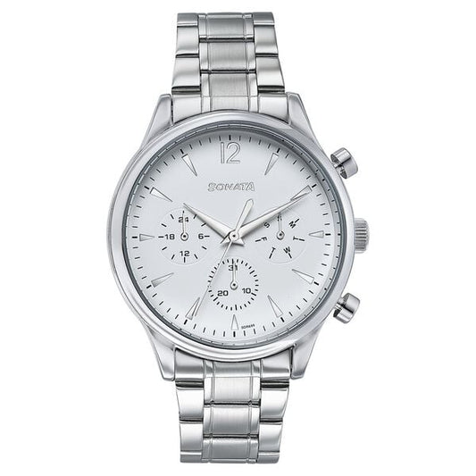 Sonata 77146SM01 Wedding Edit Quartz Analog Multifunction Men Watch with Silver Dial and Silver Stainless Steel Strap