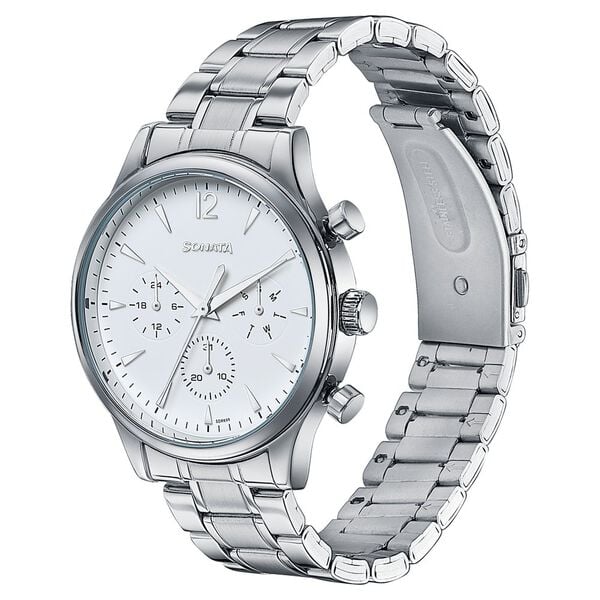 Sonata 77146SM01 Wedding Edit Quartz Analog Multifunction Men Watch with Silver Dial and Silver Stainless Steel Strap