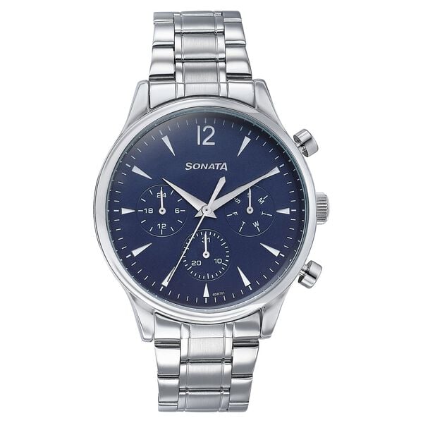 Sonata 77146SM02 Wedding Edit Quartz Multifunction Men Watch with Blue Dial and Silver Stainless Steel Strap