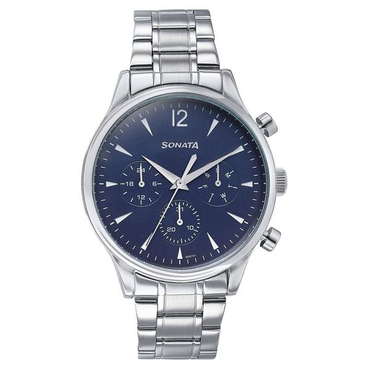 Sonata 77146SM02 Wedding Edit Quartz Multifunction Men Watch with Blue Dial and Silver Stainless Steel Strap