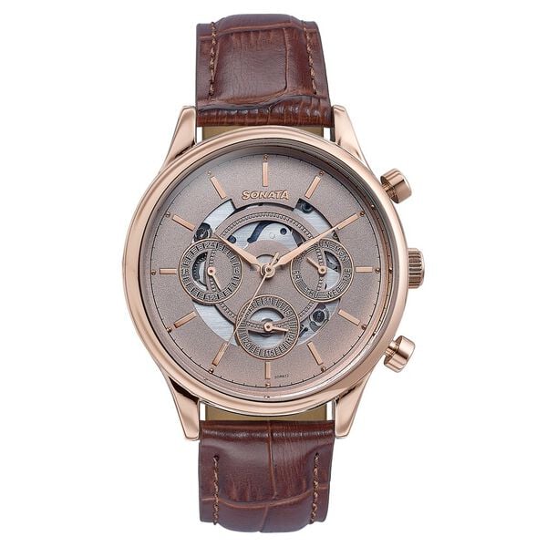 Sonata 77146WL01 Wedding Edit Quartz Multifunction Men Watch with Pink Dial and Brown Leather Strap
