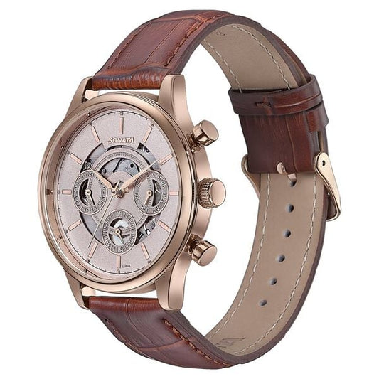 Sonata 77146WL01 Wedding Edit Quartz Multifunction Men Watch with Pink Dial and Brown Leather Strap