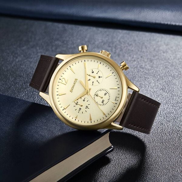 Sonata 77146YL01 Men’s Multifunction Gold Dial Brown Leather Watch