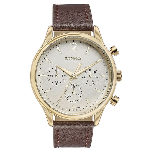 Sonata 77146YL01 Men’s Multifunction Gold Dial Brown Leather Watch