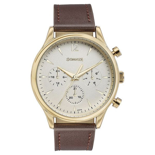Sonata 77146YL01 Men’s Multifunction Gold Dial Brown Leather Watch