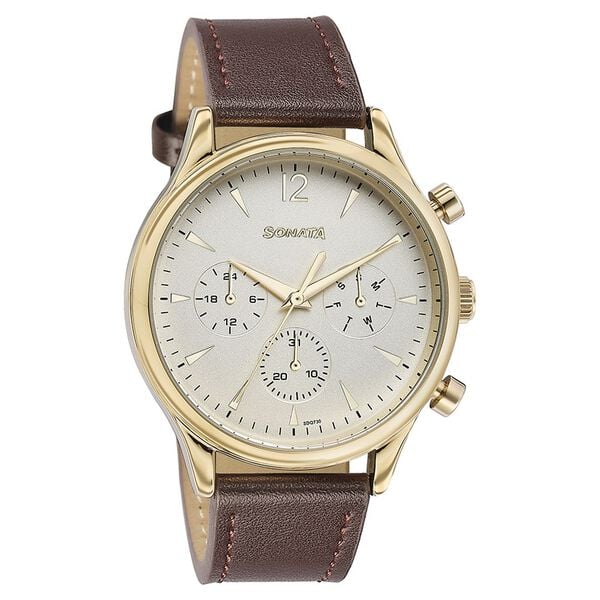 Sonata 77146YL01 Men’s Multifunction Gold Dial Brown Leather Watch