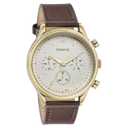 Sonata 77146YL01 Men’s Multifunction Gold Dial Brown Leather Watch