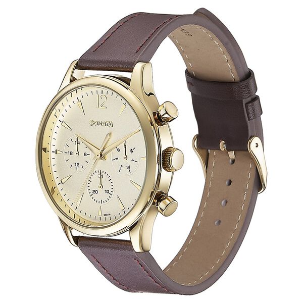 Sonata 77146YL01 Men’s Multifunction Gold Dial Brown Leather Watch