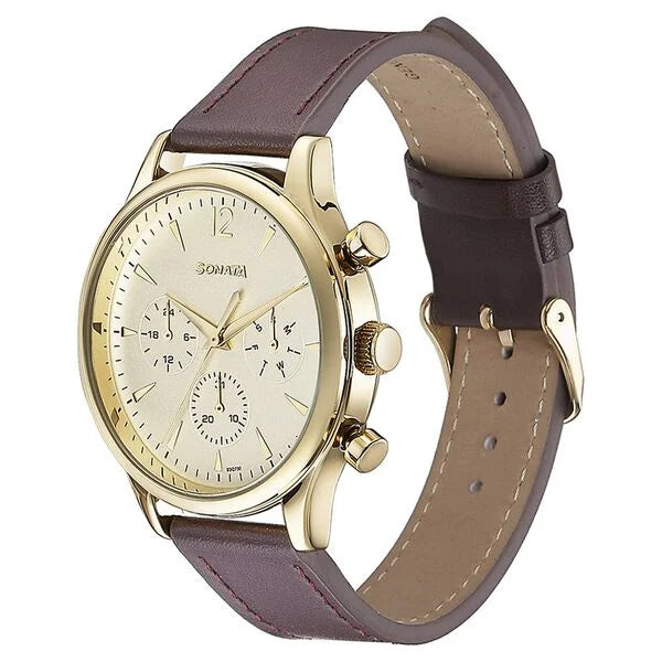 Sonata 77146YL01 Quartz Multifunction Golden Dial Brown Leather Strap Men's Watch