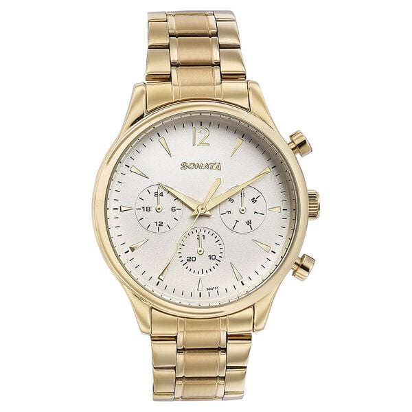 Sonata 77146YM01 Quartz Multifunction White Dial Golden Stainless Steel Strap Watch for Men