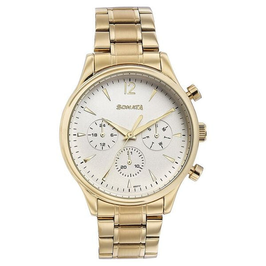 Sonata 77146YM01 Quartz Multifunction White Dial Golden Stainless Steel Strap Watch for Men