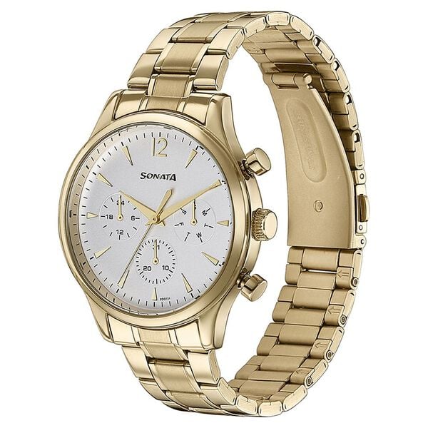 Sonata 77146YM01 Quartz Multifunction White Dial Golden Stainless Steel Strap Watch for Men