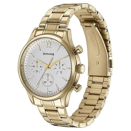 Sonata 77146YM01 Quartz Multifunction White Dial Golden Stainless Steel Strap Watch for Men
