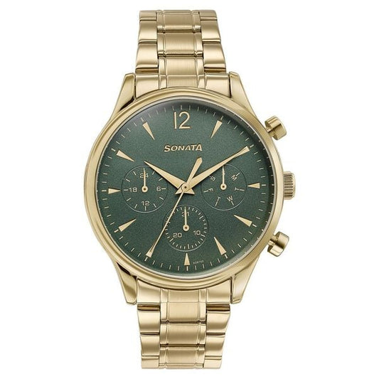 Sonata 77146YM02 Wedding Edit Quartz Multifunction Men Watch with Green Dial and Champagne Stainless Steel Strap