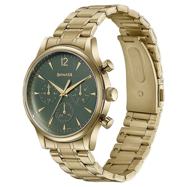 Sonata 77146YM02 Wedding Edit Quartz Multifunction Men Watch with Green Dial and Champagne Stainless Steel Strap