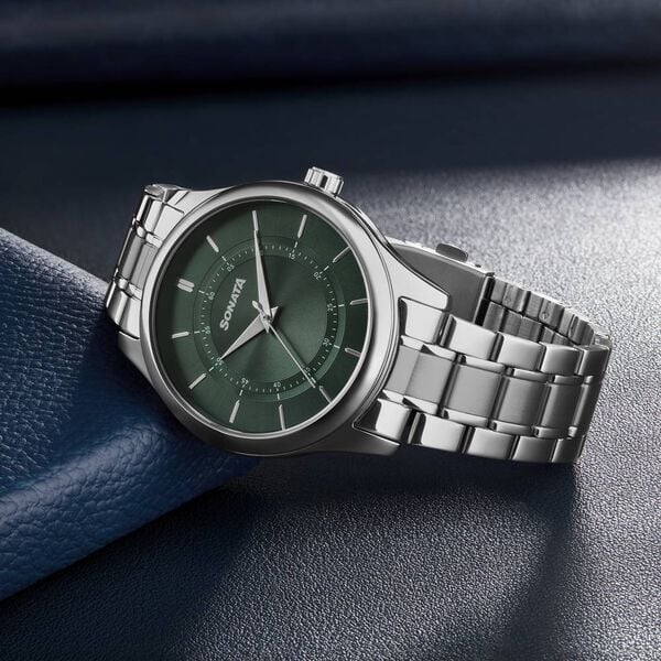 Sonata 77149SM02 Quartz Analog Green Dial Stainless Steel Strap Men's Watch