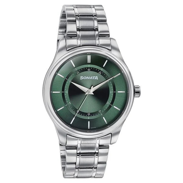 Sonata 77149SM02 Quartz Analog Green Dial Stainless Steel Strap Men's Watch