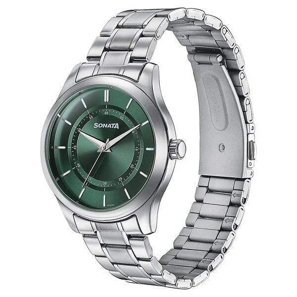 Sonata 77149SM02 Quartz Analog Green Dial Stainless Steel Strap Men's Watch