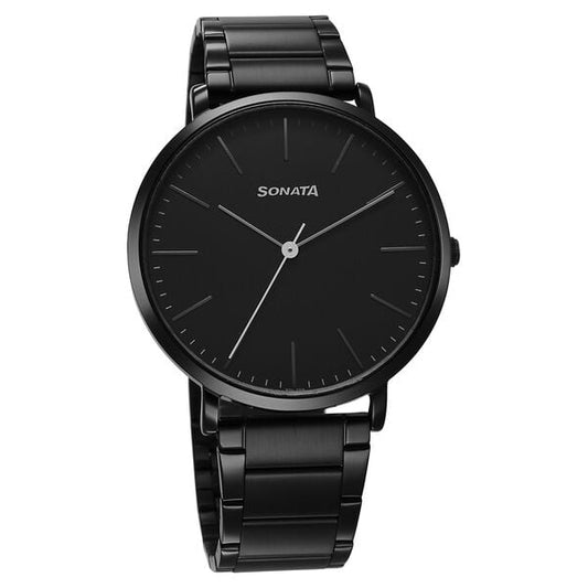 Sonata 77150NM01 Quartz Analog Black Dial Stainless Steel Watch for Men