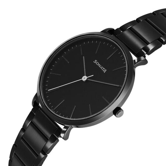 Sonata 77150NM01 Quartz Analog Black Dial Stainless Steel Watch for Men