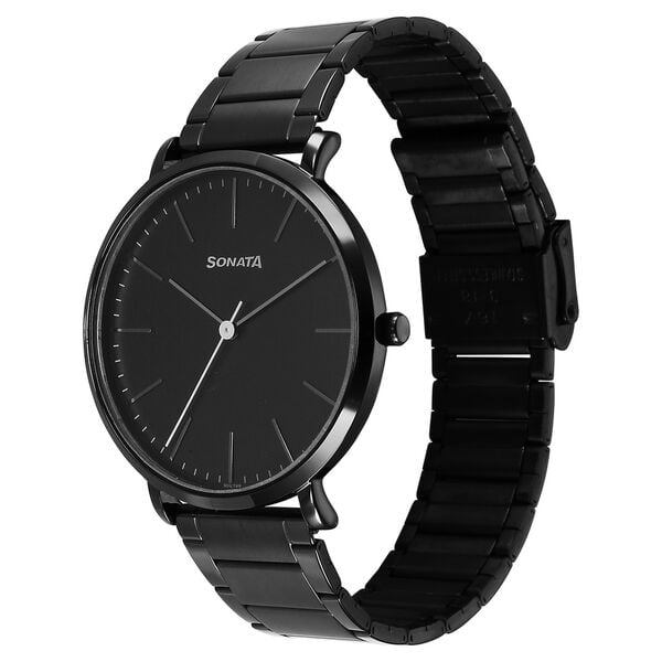 Sonata 77150NM01 Quartz Analog Black Dial Stainless Steel Watch for Men
