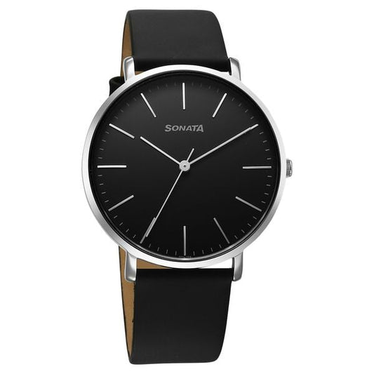 Sonata 77150SL02 Quartz Analog Black Dial Leather Strap Watch for Men