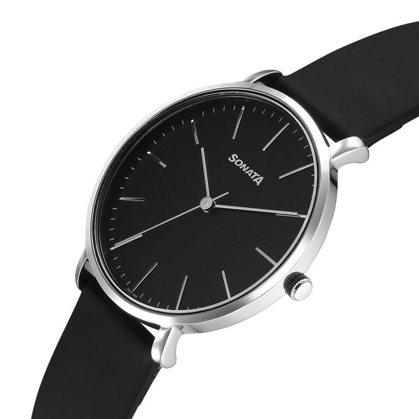 Sonata 77150SL02 Quartz Analog Black Dial Leather Strap Watch for Men
