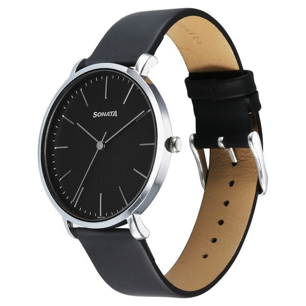 Sonata 77150SL02 Quartz Analog Black Dial Leather Strap Watch for Men