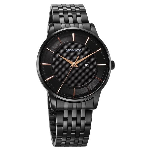 Sonata 77153NM01 Wedding Quartz Analog Men Watch with Black Dial and Black Stainless Steel Strap