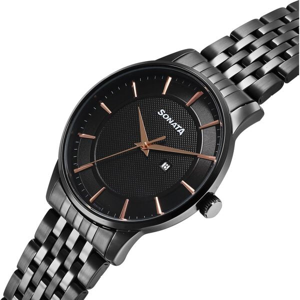 Sonata 77153NM01 Wedding Quartz Analog Men Watch with Black Dial and Black Stainless Steel Strap