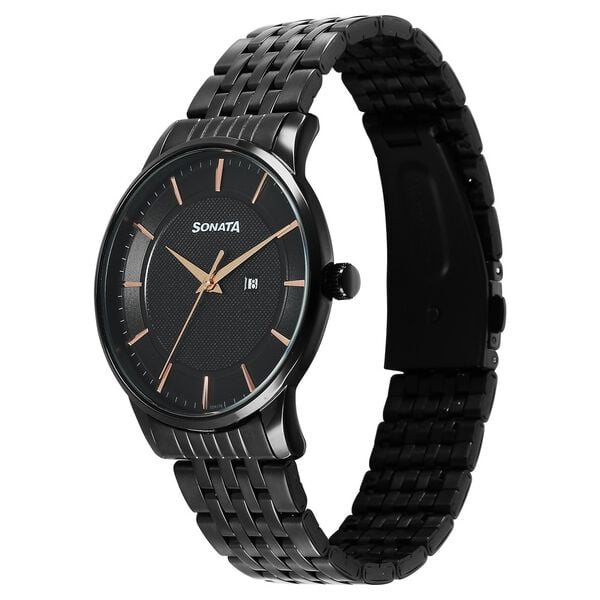 Sonata 77153NM01 Wedding Quartz Analog Men Watch with Black Dial and Black Stainless Steel Strap