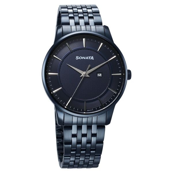 Sonata 77153QM01 Quartz Analog Blue Dial Stainless Steel Watch for Men