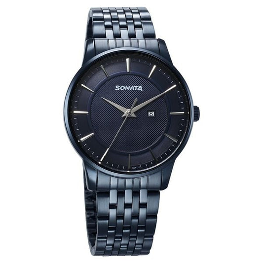 Sonata 77153QM01 Quartz Analog Blue Dial Stainless Steel Watch for Men