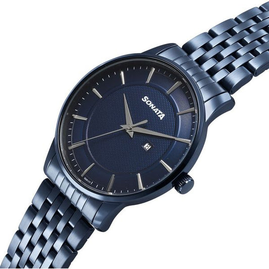 Sonata 77153QM01 Quartz Analog Blue Dial Stainless Steel Watch for Men