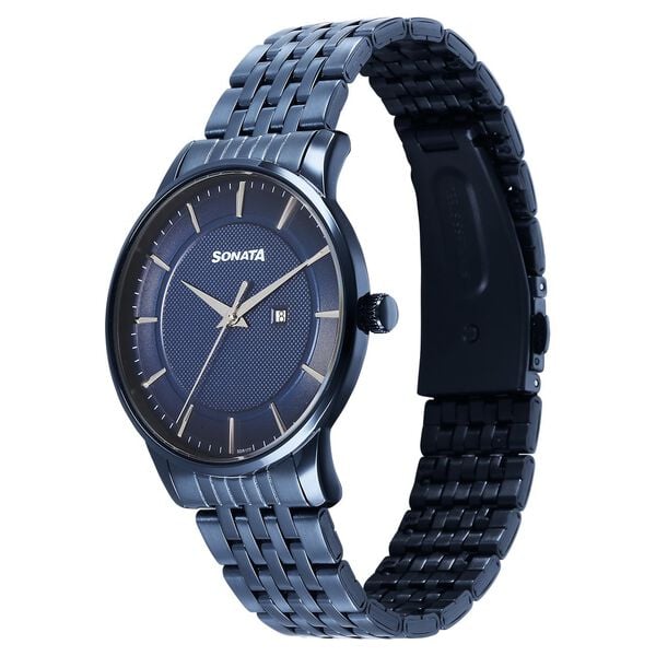 Sonata 77153QM01 Quartz Analog Blue Dial Stainless Steel Watch for Men