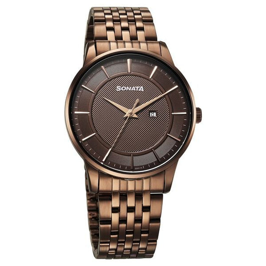 Sonata 77153QM02 Quartz Analog Brown Dial Stainless Steel Watch for Men