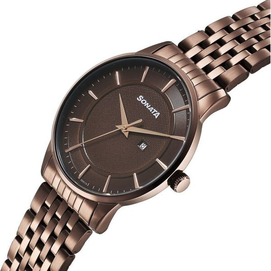 Sonata 77153QM02 Quartz Analog Brown Dial Stainless Steel Watch for Men