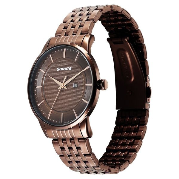 Sonata 77153QM02 Quartz Analog Brown Dial Stainless Steel Watch for Men
