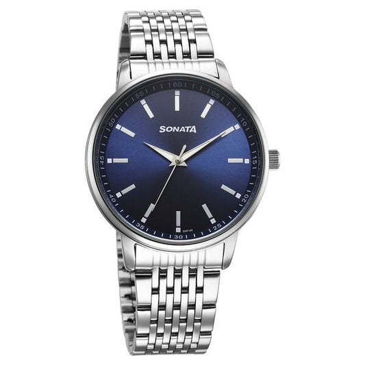 Sonata 77156SM01 Wedding Quartz Analog Men Watch with Blue Dial and Silver Stainless Steel Strap