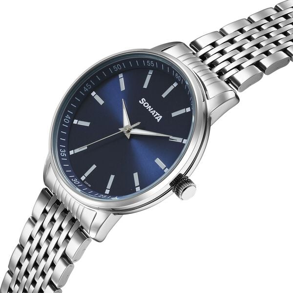 Sonata 77156SM01 Wedding Quartz Analog Men Watch with Blue Dial and Silver Stainless Steel Strap