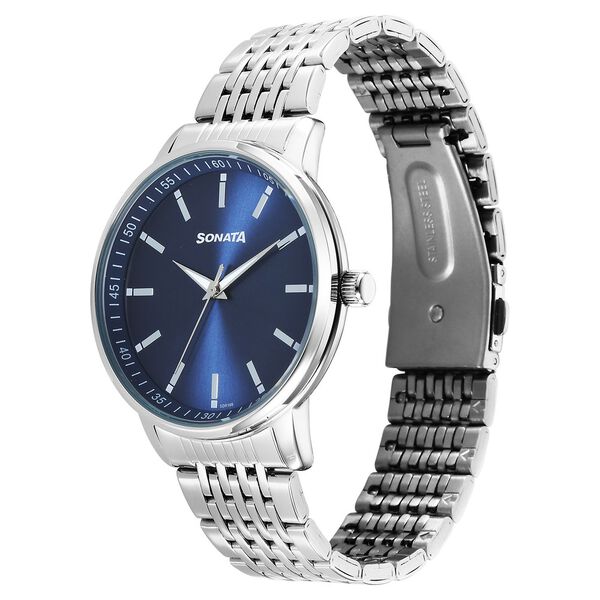 Sonata 77156SM01 Wedding Quartz Analog Men Watch with Blue Dial and Silver Stainless Steel Strap