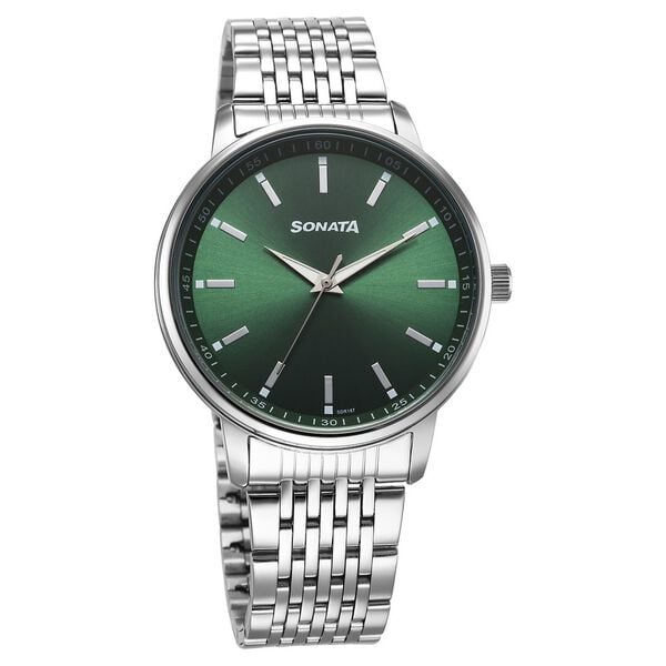 Sonata 77156SM02 Quartz Analog Green Dial Stainless Steel Watch for Men