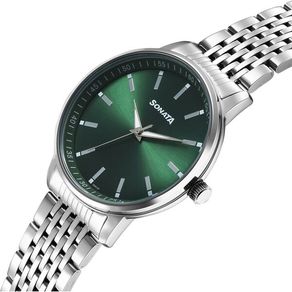 Sonata 77156SM02 Quartz Analog Green Dial Stainless Steel Watch for Men