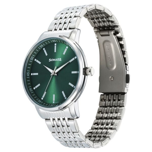 Sonata 77156SM02 Quartz Analog Green Dial Stainless Steel Watch for Men