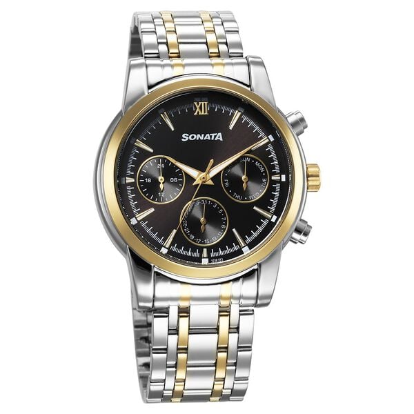 Sonata 77158BM01 Quartz Multifunction Black Dial Two-Tone Stainless Steel Watch for Men