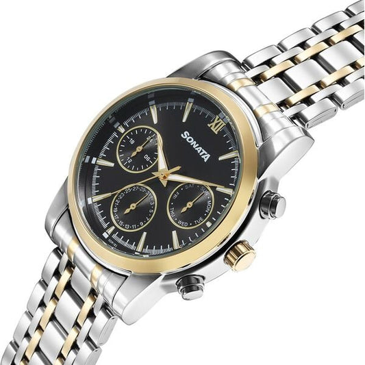 Sonata 77158BM01 Quartz Multifunction Black Dial Two-Tone Stainless Steel Watch for Men