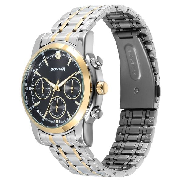 Sonata 77158BM01 Quartz Multifunction Black Dial Two-Tone Stainless Steel Watch for Men